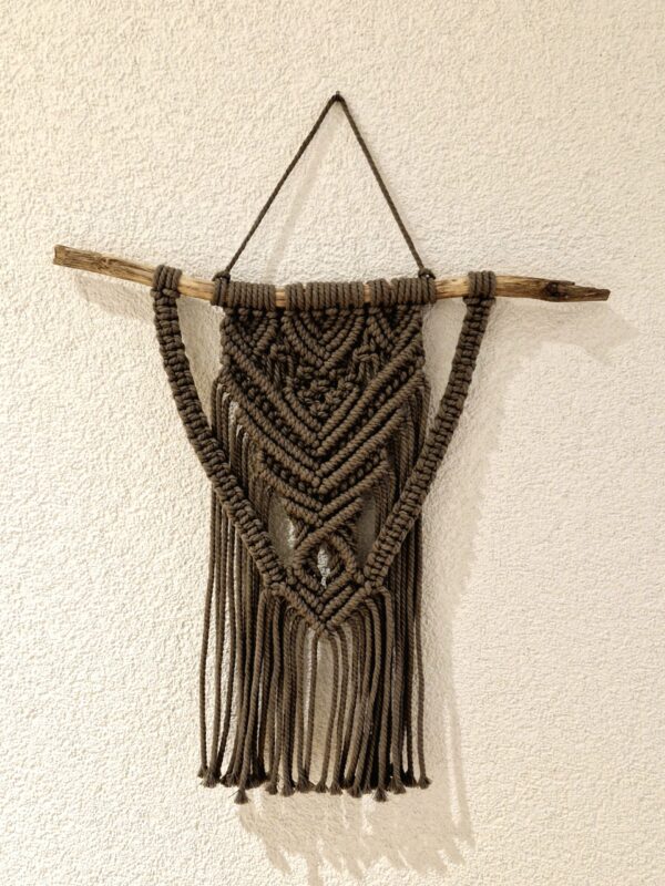 🌵 Macramé mural vert kaki – Motifs aztèques